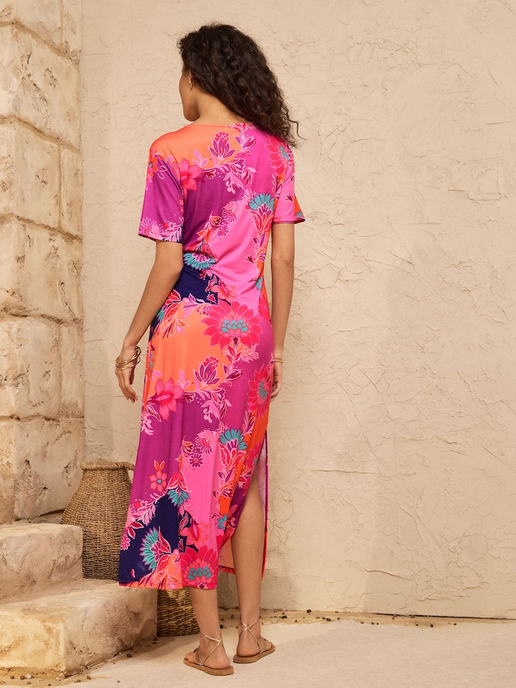 Love & Roses Orange Abstract Print Tie Side Petite T-Shirt Jersey Midi Dress - Image 2 of 4