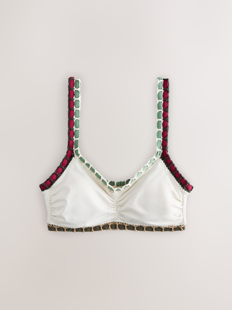 Cream/Khaki/Red Contrast Bind Crop Whipstitch Bikini Top - Image 1 of 3