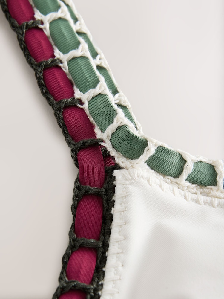 Cream/Khaki/Red Contrast Bind Crop Whipstitch Bikini Top - Image 9 of 9