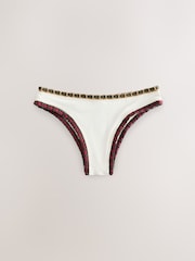 Cream/Khaki/Red Contrast Bind Whipstitch High Leg Bikini Bottoms - Image 1 of 3