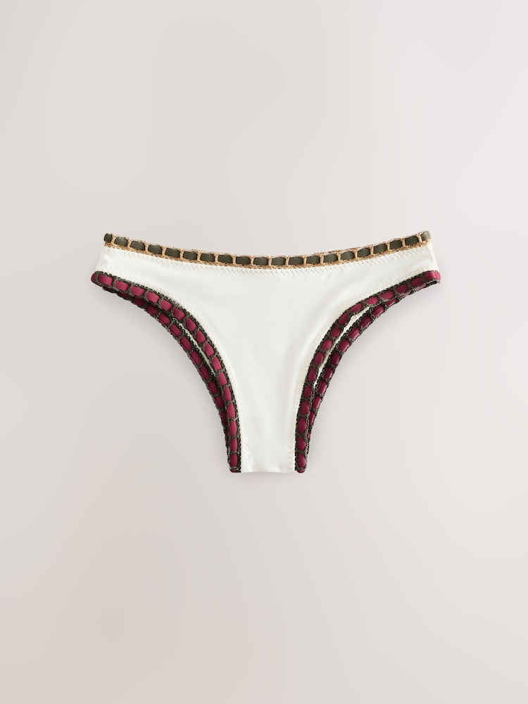 Cream/Khaki/Red Contrast Bind Whipstitch High Leg Bikini Bottoms - Image 1 of 3