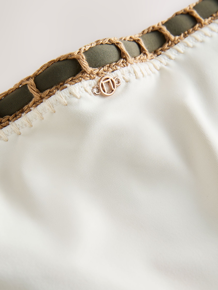 Cream/Khaki/Red Contrast Bind Whipstitch High Leg Bikini Bottoms - Image 3 of 3