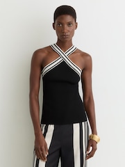 Reiss Black/White Ivanna Contrast-Neckline Rib-Knit Top - Image 1 of 6