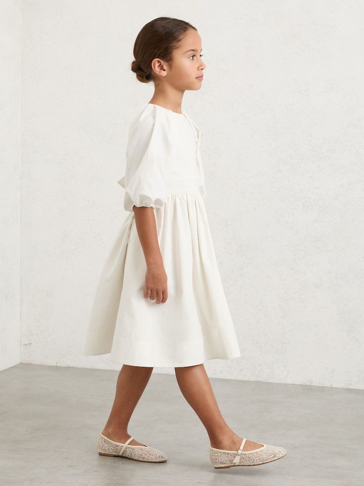 white midi dresses with 3 4 length sleeves Defined Waist Lace Dress 3/4 Sleeve Square Neck Midi Dress