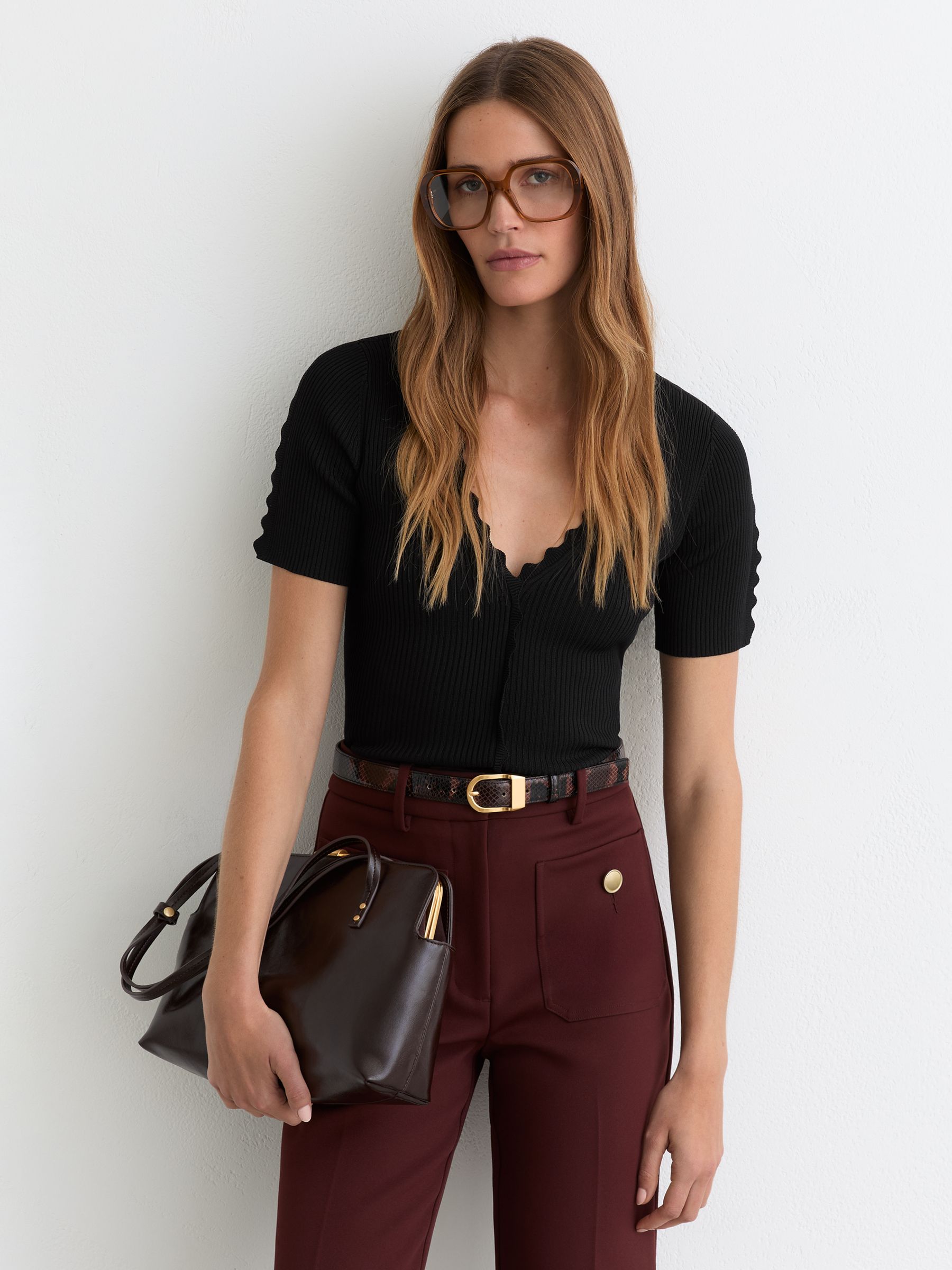 Buy Reiss Black Marcy Scallop-Trim Rib-Knit Top from the Next UK