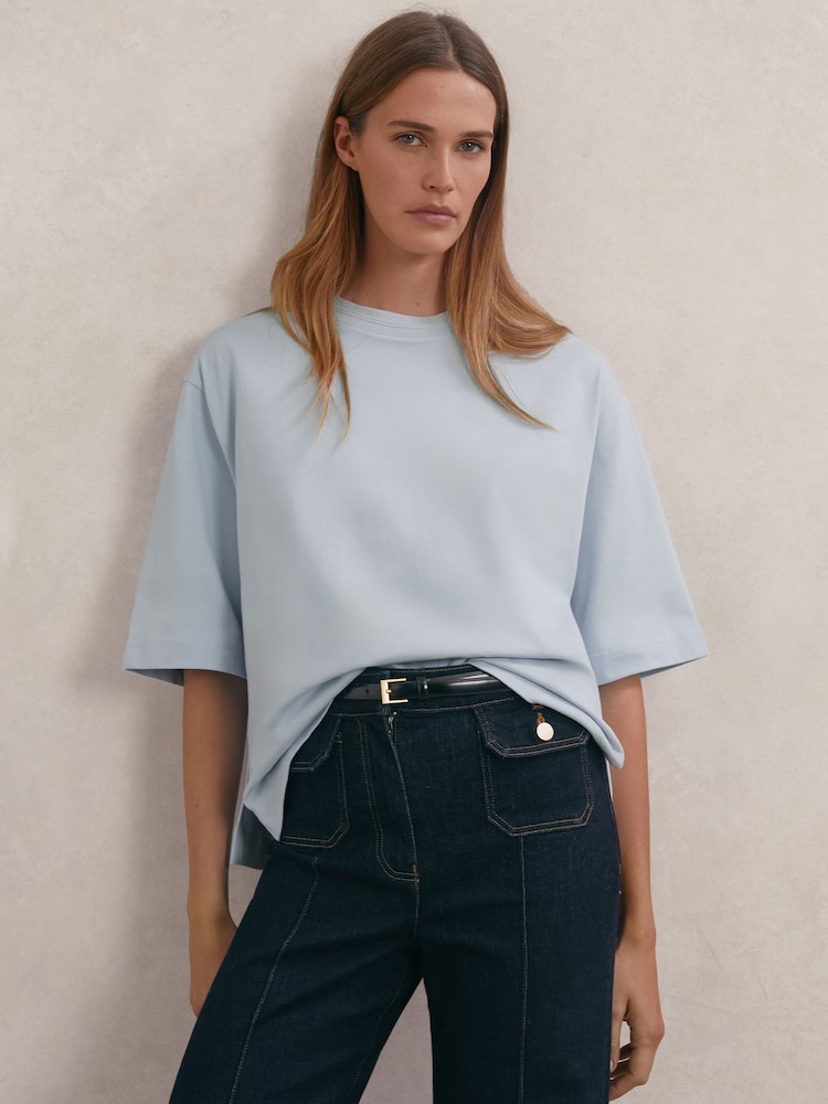 Reiss Ice Blue Lara Cotton Ribbed-Neck Oversized T-Shirt - Image 1 of 6 Reiss Ice Blue Lara Cotton Ribbed-Neck Oversized T-Shirt - Image 1 of 6