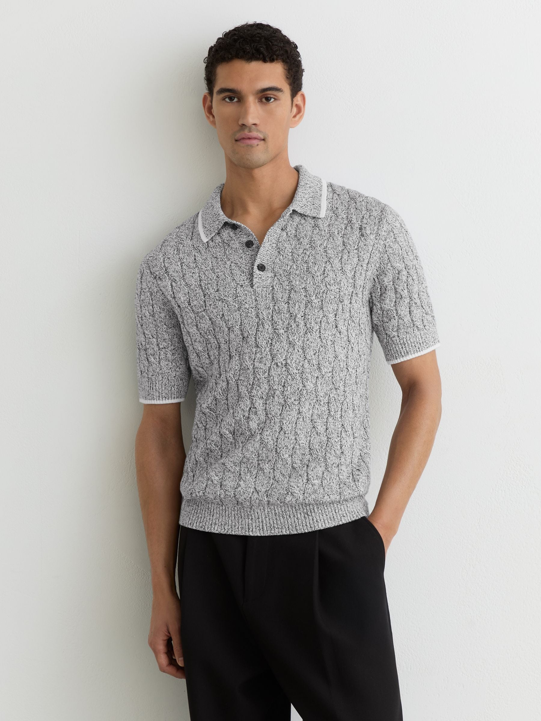 Buy Reiss Black/White Denby Cotton Cable-Knit Polo Shirt from the