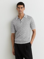 Negru/Alb - Reiss Denby Cotton Cable-Knit Polo Shirt - Imaginea 1 din 6
