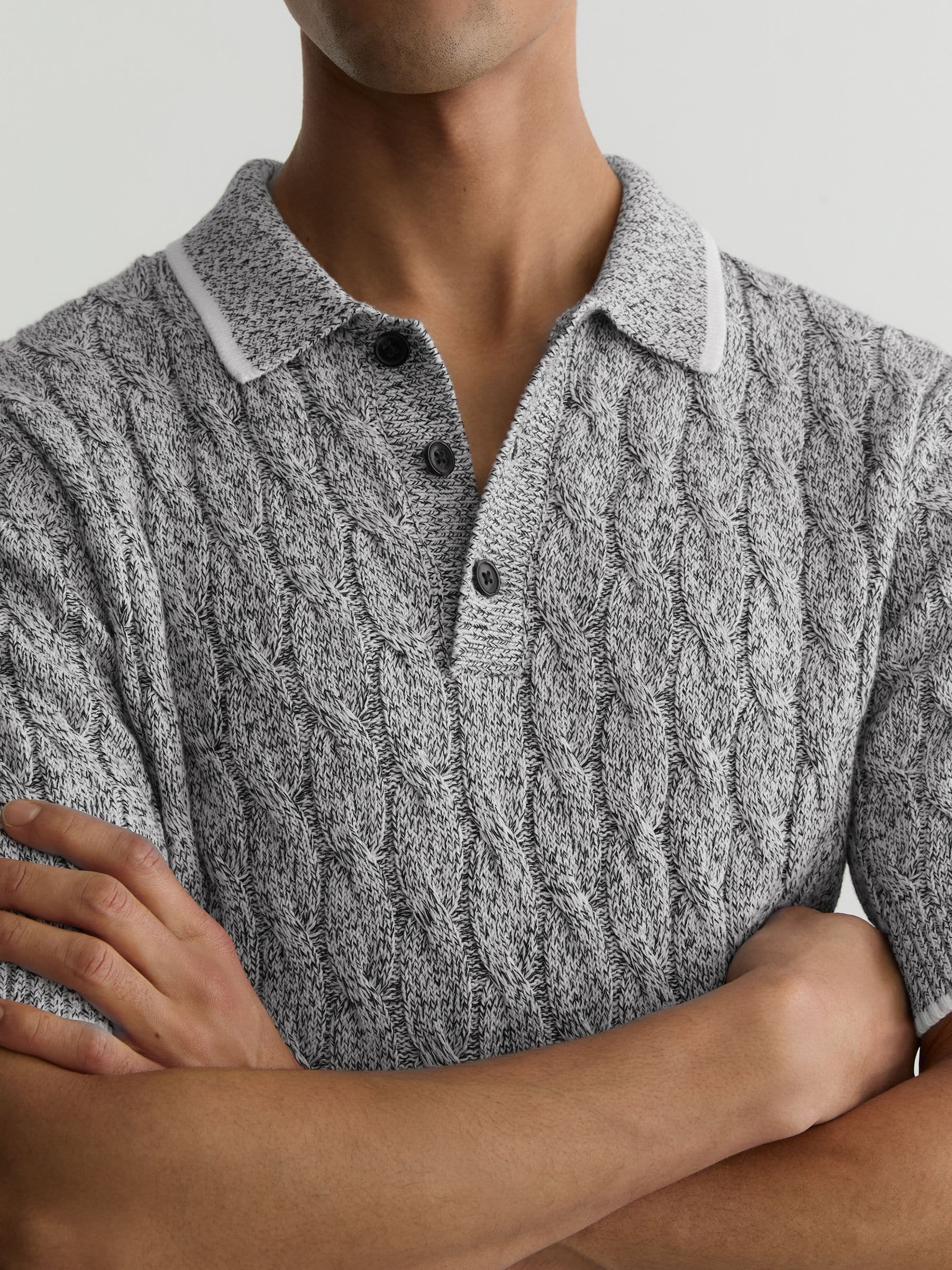 Buy Reiss Black/White Denby Cotton Cable-Knit Polo Shirt from the