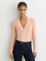 Reiss Pink/Ivory Lauri Craft-Stitch Rib-Knit Top - Image 1 of 6