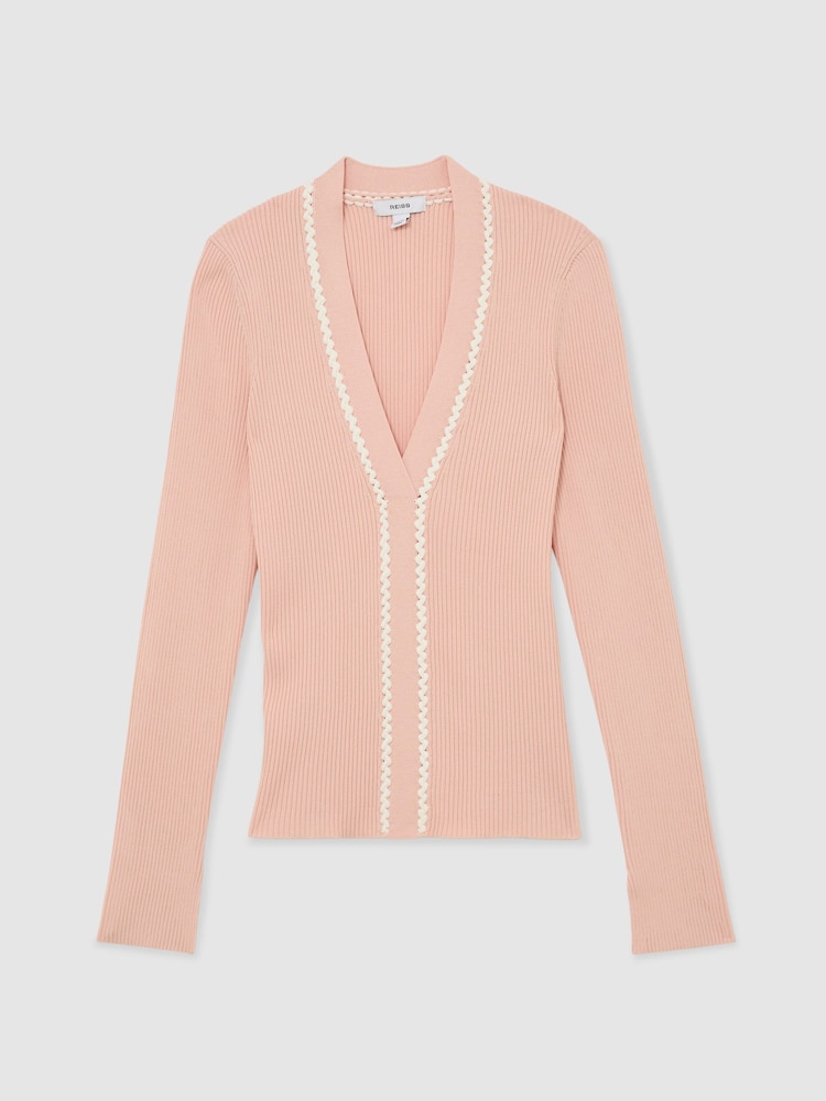 Reiss Pink/Ivory Lauri Craft-Stitch Rib-Knit Top - Image 2 of 6