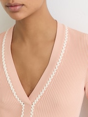 Reiss Pink/Ivory Lauri Craft-Stitch Rib-Knit Top - Image 4 of 6