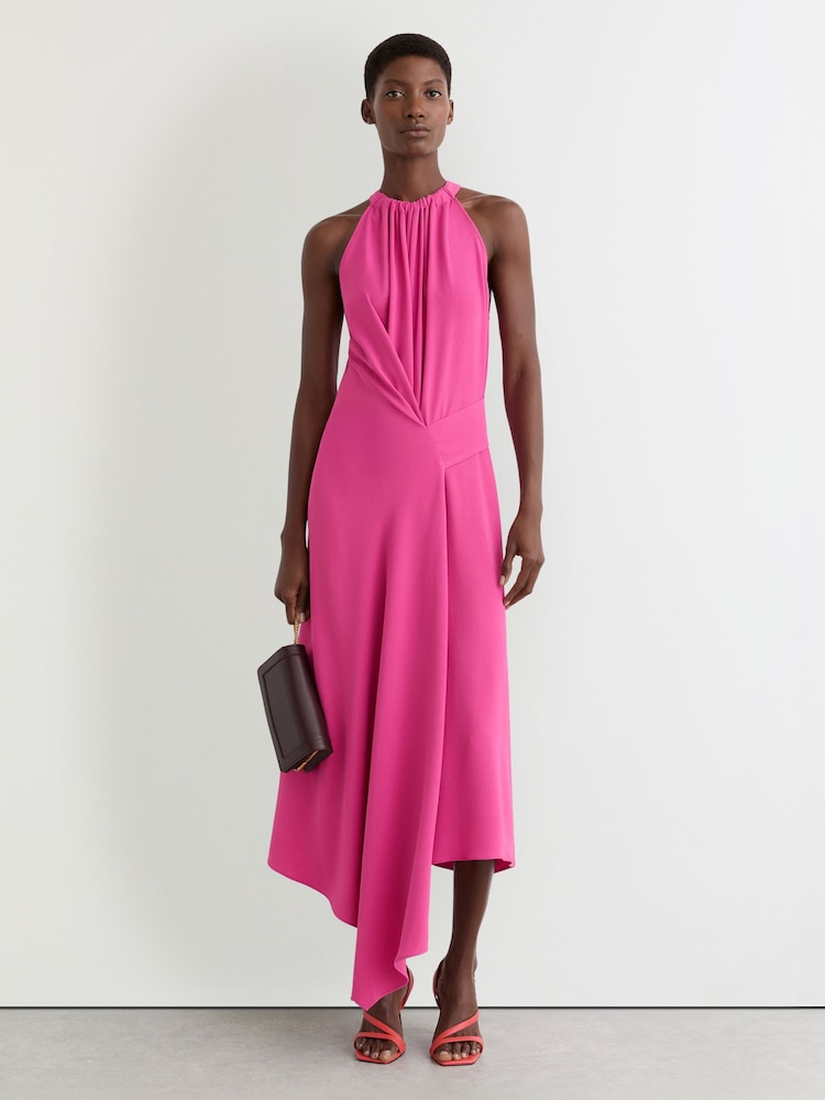 Reiss Raspberry Pink Maeve Drape-Detail Sleeveless Midi Dress - Image 1 of 8 Reiss Raspberry Pink Maeve Drape-Detail Sleeveless Midi Dress - Image 1 of 8
