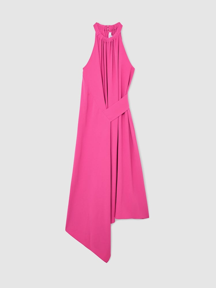 Reiss Raspberry Pink Maeve Drape-Detail Sleeveless Midi Dress - Image 2 of 8 Reiss Raspberry Pink Maeve Drape-Detail Sleeveless Midi Dress - Image 2 of 8