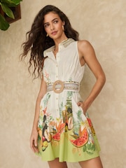 Lipsy White Tropical Placement Print Belted Collared Sleeveless Mini Shirt Dress - Image 1 of 5