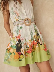 Lipsy White Tropical Placement Print Belted Collared Sleeveless Mini Shirt Dress - Image 2 of 5