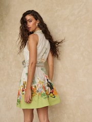 Lipsy White Tropical Placement Print Belted Collared Sleeveless Mini Shirt Dress - Image 5 of 5