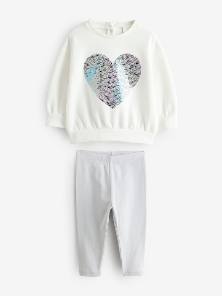 White/Purple Long Sleeve Sequin Heart Sweatshirt and Shorts Set - Image 1 of 1