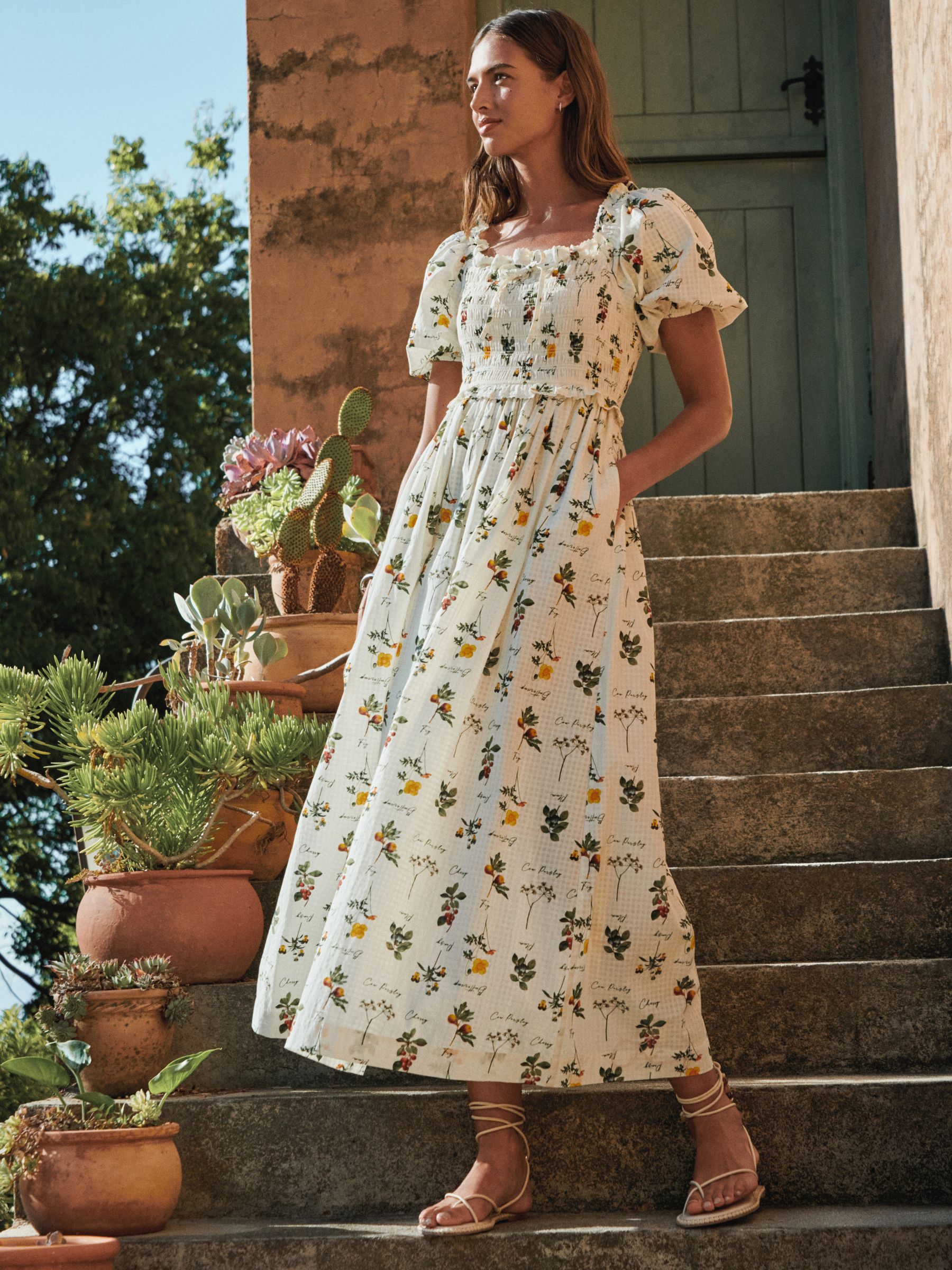 Buy Ecru Floral Cherry Print Puff Sleeve Shirred Midi Dress from
