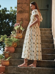 Dilaw na Floral Print - Puff Sleeve Shirred Midi Dress - Larawan 4 ng 8