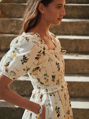 Dilaw na Floral Print - Puff Sleeve Shirred Midi Dress - Larawan 5 ng 8