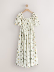 Dilaw na Floral Print - Puff Sleeve Shirred Midi Dress - Larawan 6 ng 8