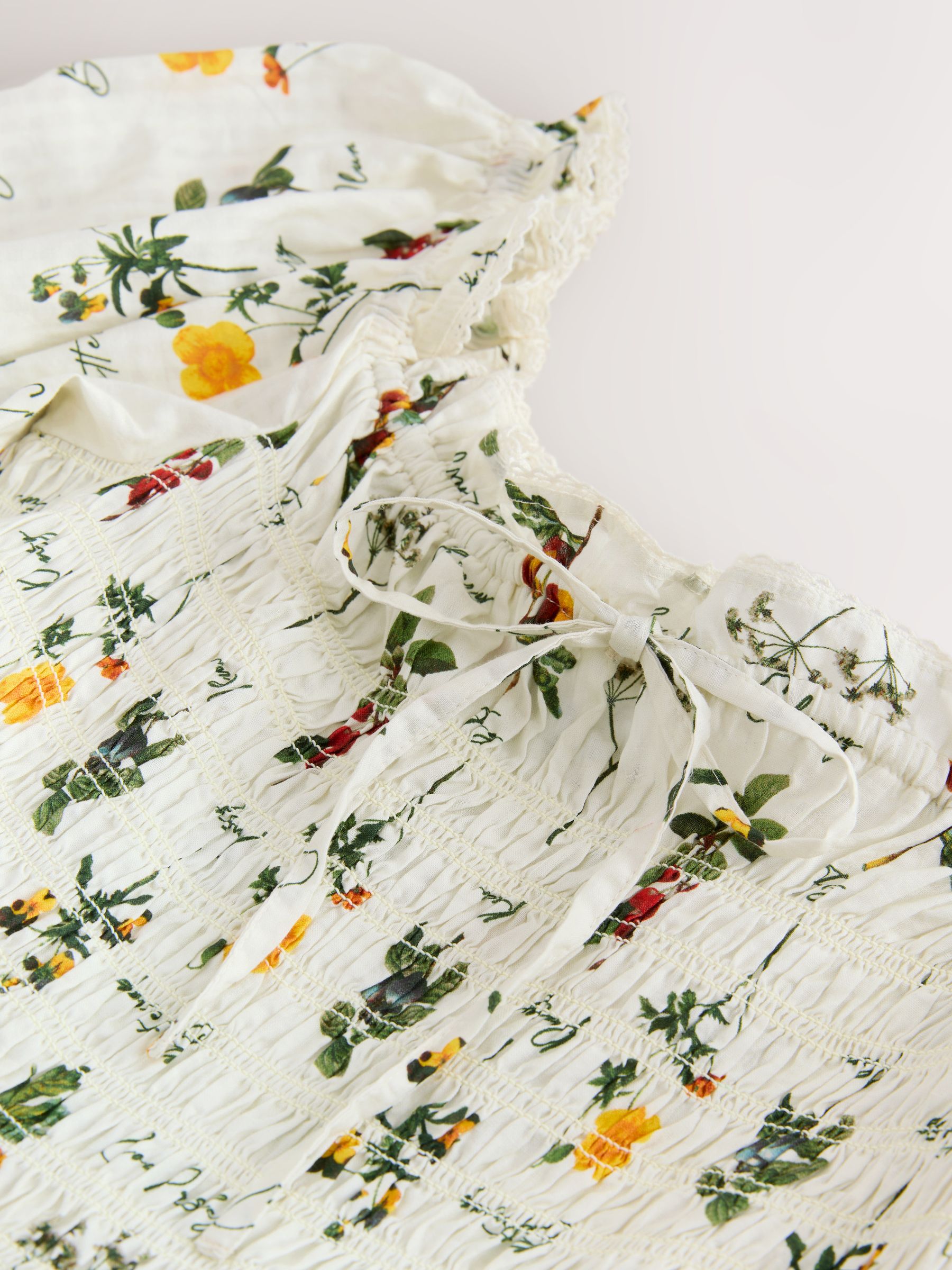 Buy Ecru Floral Cherry Print Puff Sleeve Shirred Midi Dress from
