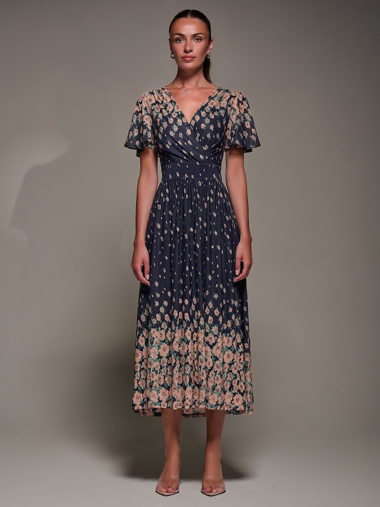 Jolie Moi Blue Mirrored Mesh Short Sleeve Midaxi Dress - Image 1 of 6