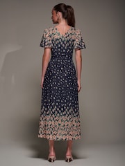 Jolie Moi Blue Mirrored Mesh Short Sleeve Midaxi Dress - Image 4 of 6