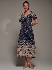 Jolie Moi Blue Mirrored Mesh Short Sleeve Midaxi Dress - Image 5 of 6