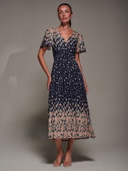 Jolie Moi Blue Mirrored Mesh Short Sleeve Midaxi Dress - Image 6 of 6