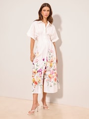 Lipsy White Petite White Floral Cinched Waist Midi Shirt Dress - Image 1 of 4