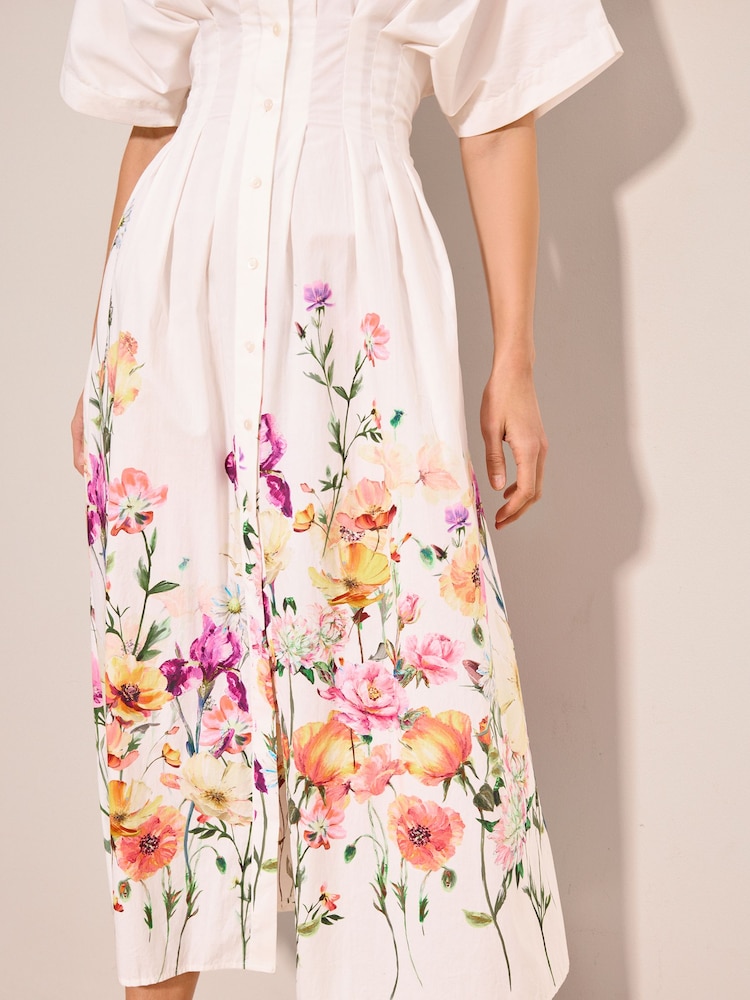 Lipsy White Petite White Floral Cinched Waist Midi Shirt Dress - Image 2 of 4