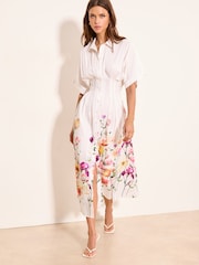 Lipsy White Petite White Floral Cinched Waist Midi Shirt Dress - Image 3 of 4