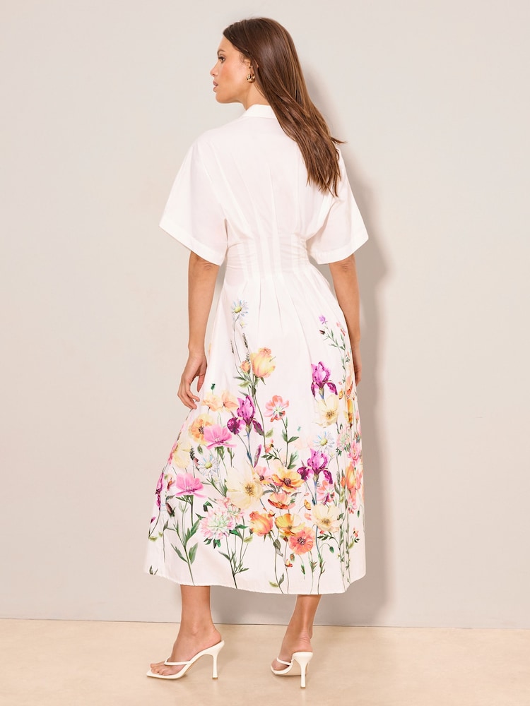 Lipsy White Petite White Floral Cinched Waist Midi Shirt Dress - Image 4 of 4