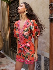 Lipsy Pink/Orange Leaf Print V-Neck Puff Sleeve Belted Playsuit - Image 4 of 5