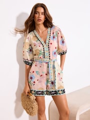 X Mandy Sade Puff Sleeve Belted Print Playsuit - Image 1 of 4