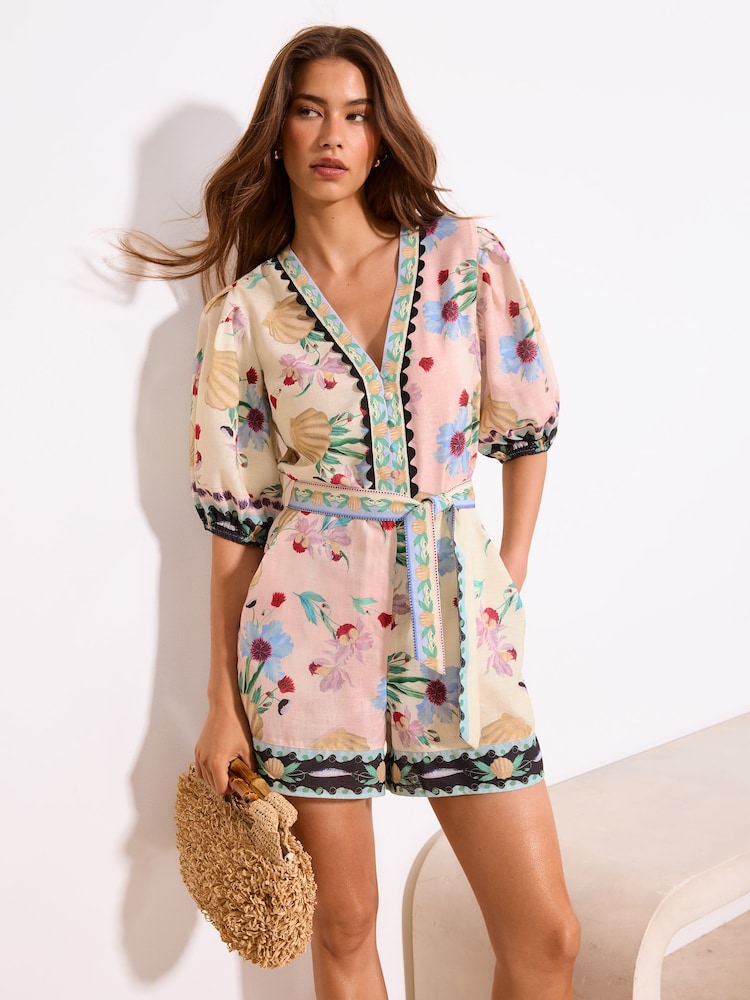 X Mandy Sade Puff Sleeve Belted Print Playsuit - Image 1 of 4