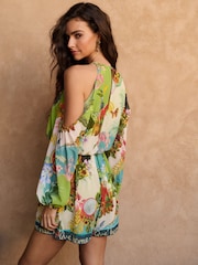 Lipsy Tropical Print Cold Shoulder Long Sleeve Summer Playsuit - Imaginea 5 din 5