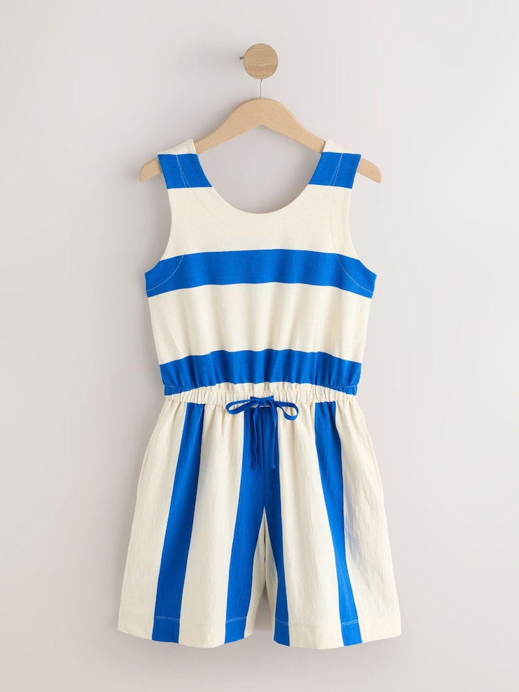 Blue/White Stripe Sleeveless Tie Waist Cotton Playsuit - Image 1 of 3