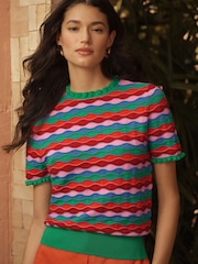 Love & Roses Green And Red Striped Frill Neck Shot Sleeve Knitted Jumper - Image 1 of 4