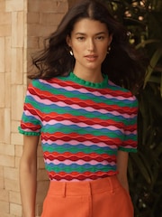 Love & Roses Green And Red Striped Frill Neck Shot Sleeve Knitted Jumper - Image 2 of 4