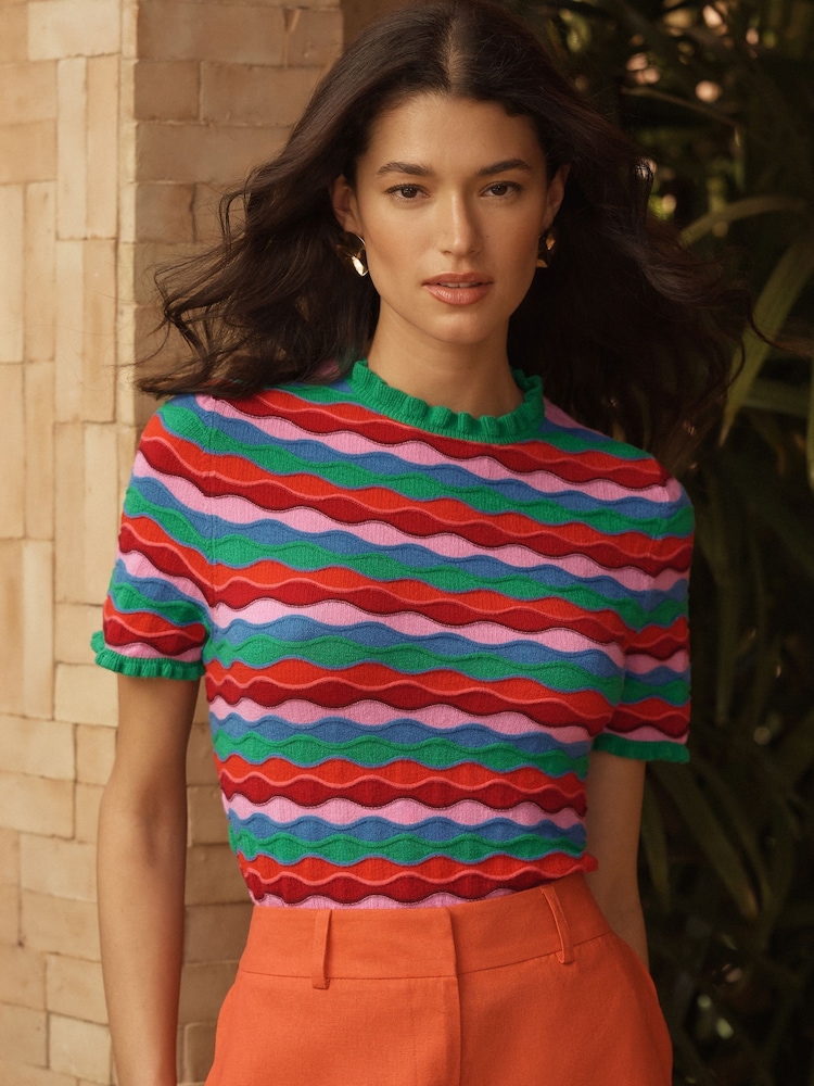 Love & Roses Green And Red Striped Frill Neck Shot Sleeve Knitted Jumper - Image 2 of 4