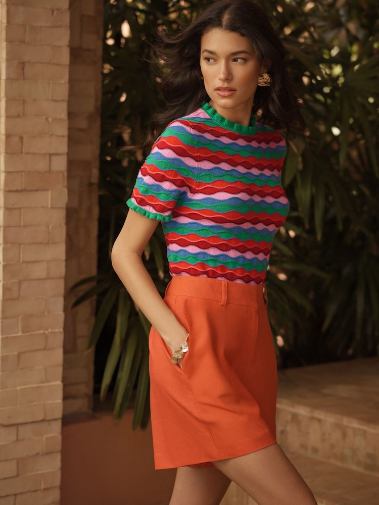 Love & Roses Green And Red Striped Frill Neck Shot Sleeve Knitted Jumper - Image 4 of 4