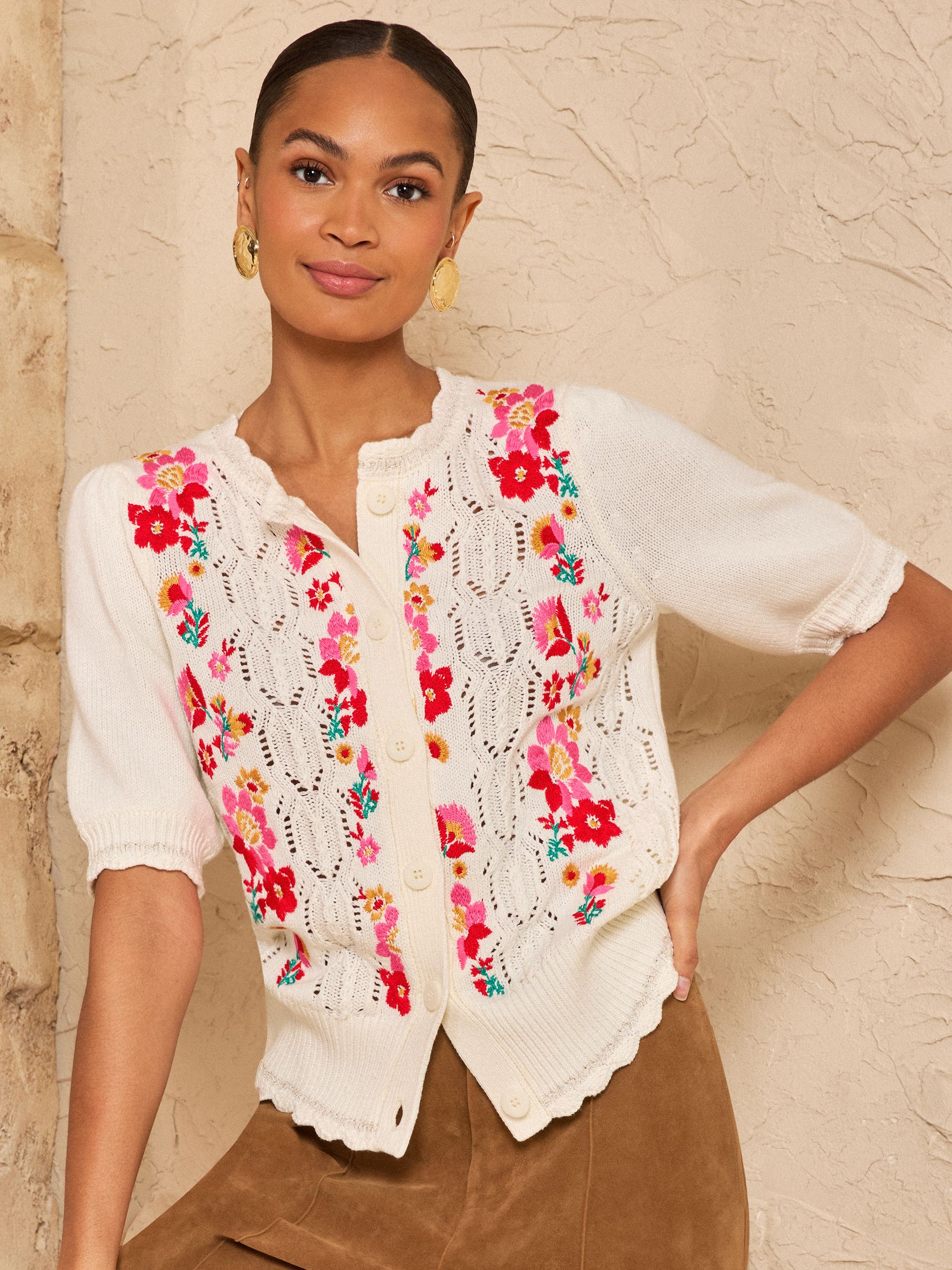 Buy Love & Roses Ivory And Pink Cotton Rich Floral Embroidered