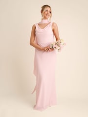 Six Stories Pink Plunge Cowl Front Crepe Bridesmaid Dress with Neck Scarf - Image 1 of 7