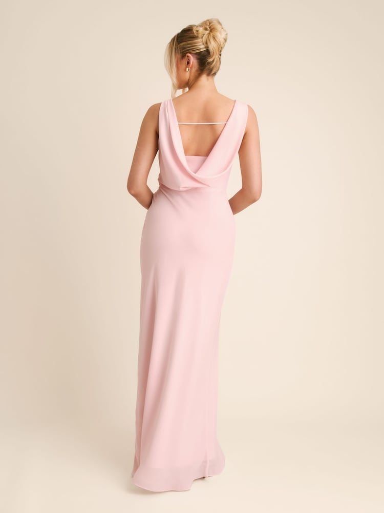 Six Stories Pink Plunge Cowl Front Crepe Bridesmaid Dress with Neck Scarf - Image 2 of 7