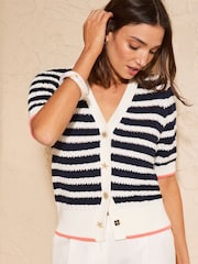 Love & Roses Navy Blue and White Striped Knitted Cardigan With Starfish Button Detail - Image 1 of 4