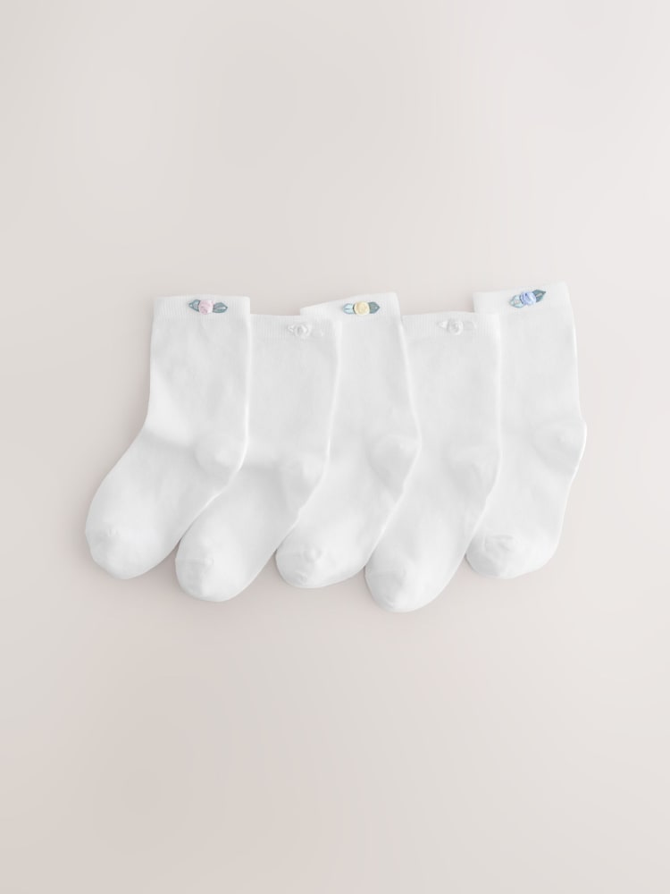 White Cotton Rich Ankle Socks with Rose Detail 5 Pack - Image 1 of 3