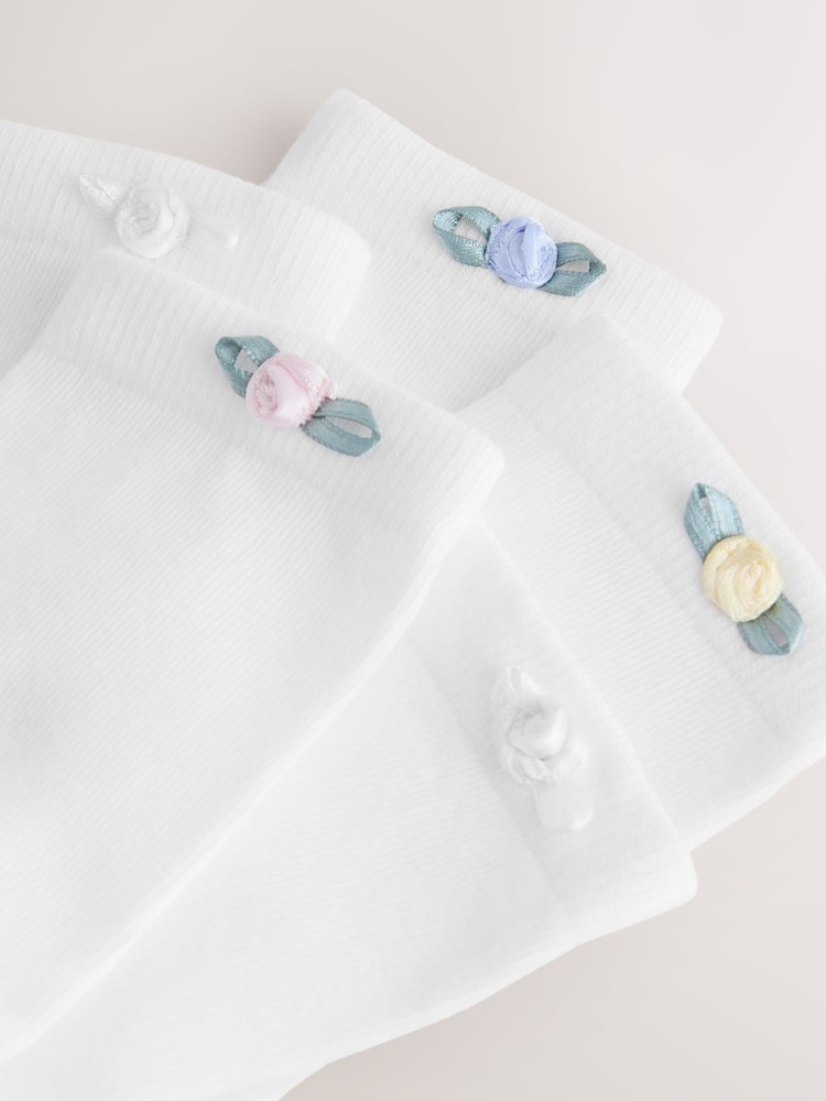 White Cotton Rich Ankle Socks with Rose Detail 5 Pack - Image 2 of 3